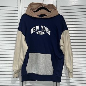 Forever21 Colorblock Navy/Grey/Beige New York Oversized Hoodie — M